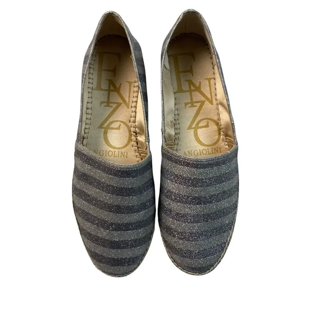 Enzo Angiolini Women’s Austyn Espadrilles Silver Striped Glitter Shimmer Size 10